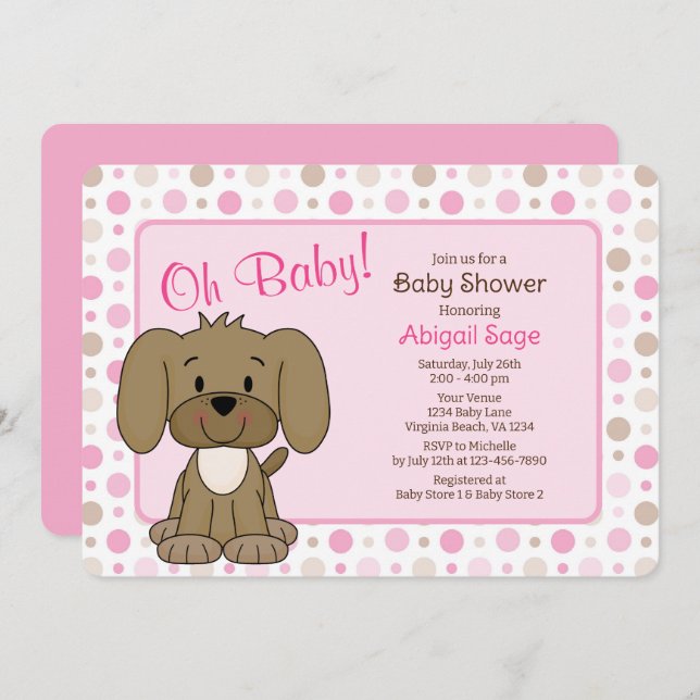 Cute Brown Puppy Dog Pink Polka Dot Baby Shower Invitation (Front/Back)