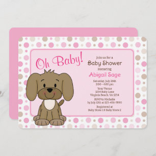 Cute Brown Puppy Dog Pink Polka Dot Baby Shower Invitation