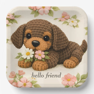 Cute Brown Puppy Floral Paper Plate