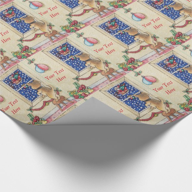 cute brown puppy santa sleigh in snow christmas wrapping paper (Corner)