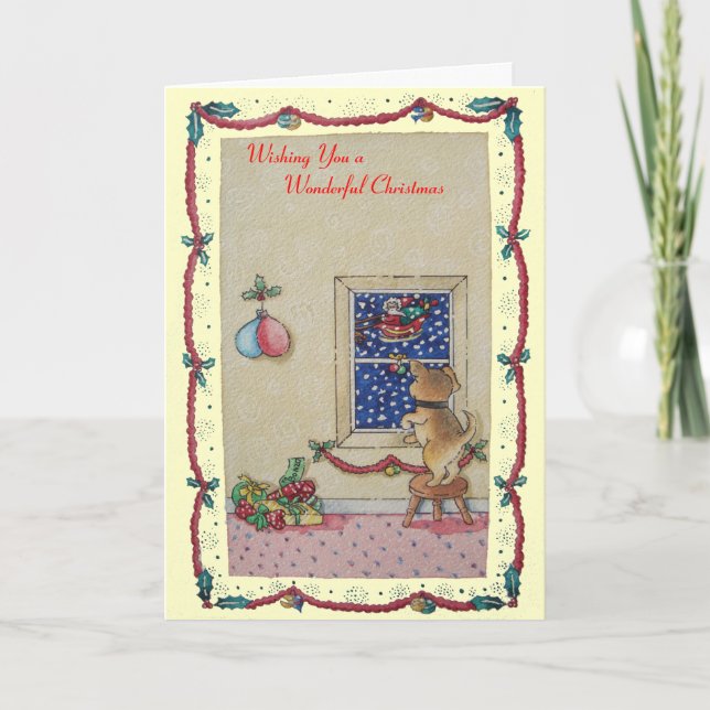 cute brown puppy watching santas sleigh Christmas Holiday Card (Front)