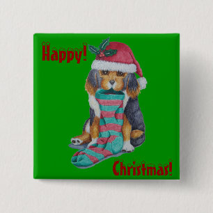 cute brown puppy with Christmas stocking button