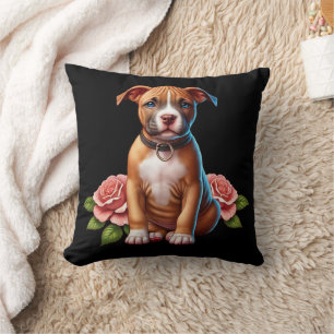 Cute Brown Puppy with Roses Cushion