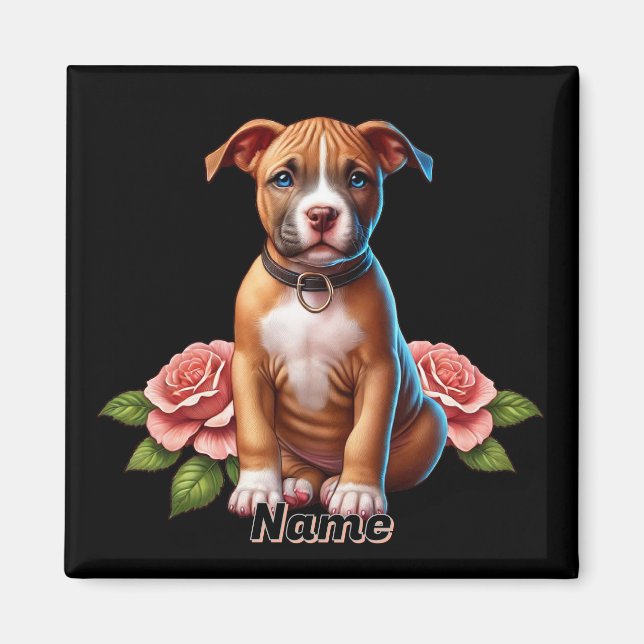 Cute Brown Puppy with Roses Magnet (Front)
