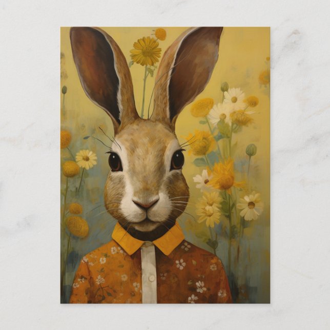 Cute Brown Rabbit in a Floral Shirt Postcard (Front)