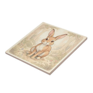 Cute brown rabbit in a forest ceramic tile