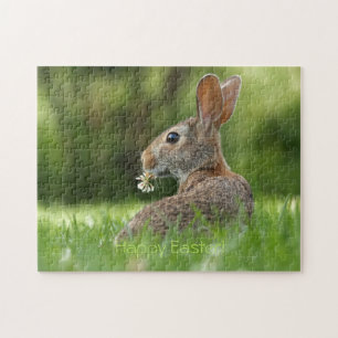 Cute Brown Rabbit with Flower in Grass Easter Jigsaw Puzzle