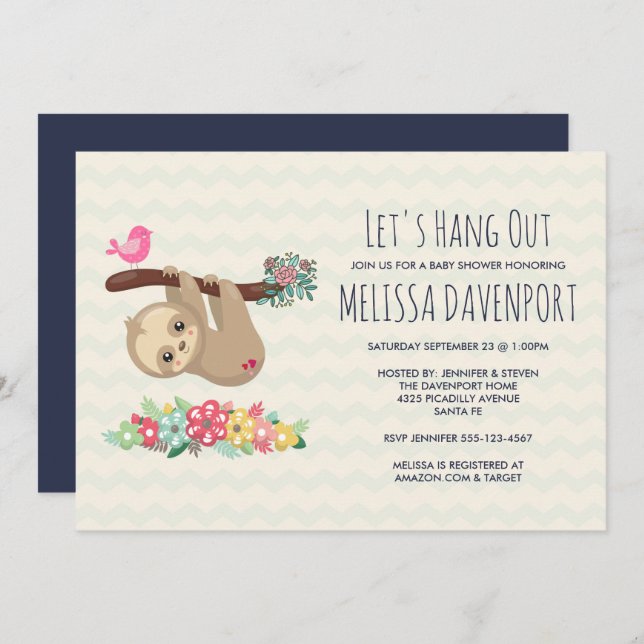 Cute Brown Sloth Hanging from a Branch Baby Shower Invitation (Front/Back)