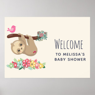 Cute Brown Sloth Hanging Upside Down Baby Shower Poster
