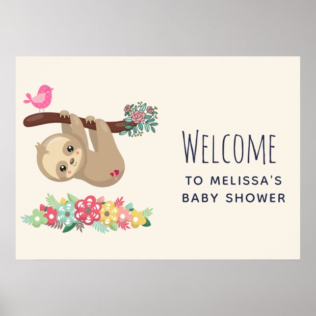 Cute Brown Sloth Hanging Upside Down Baby Shower Poster (Front)