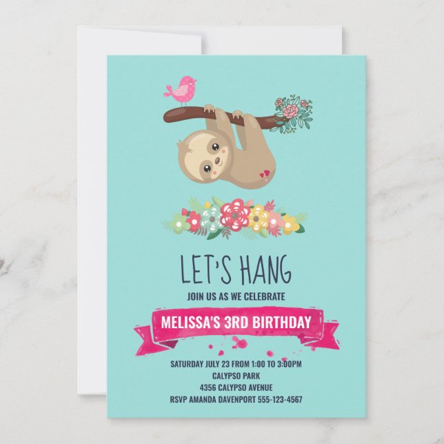Cute Brown Sloth Hanging Upside down Birthday Invitation (Front)
