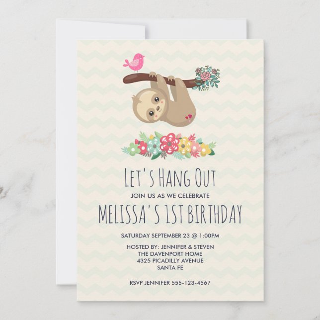 Cute Brown Sloth Hanging Upside Down Birthday Invitation (Front)