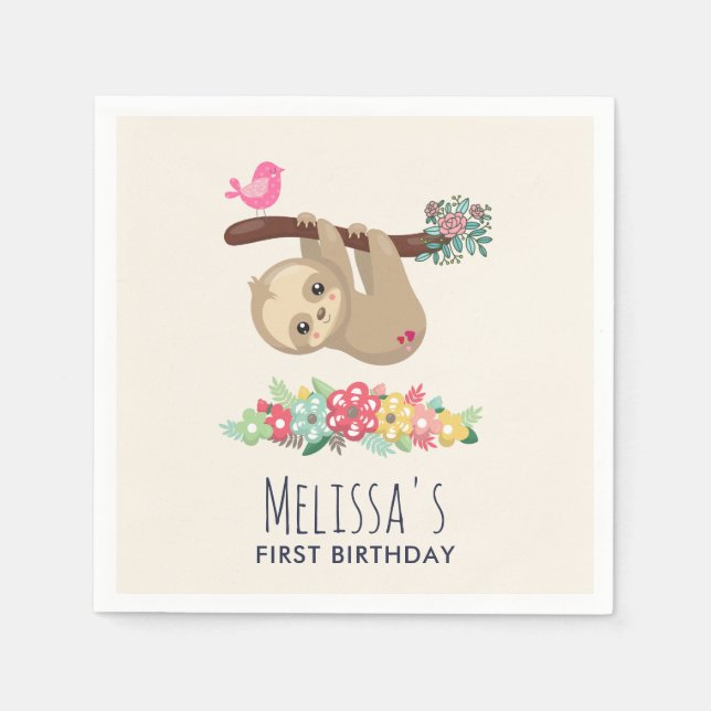 Cute Brown Sloth Hanging Upside down Birthday Napkin (Front)