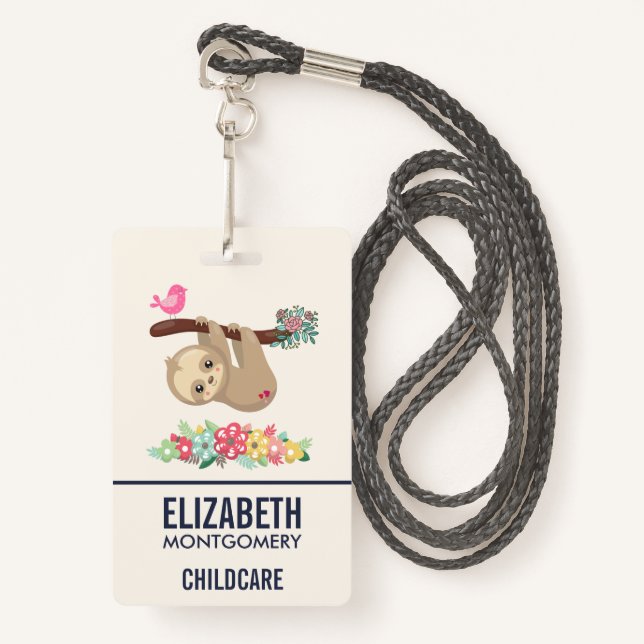 Cute Brown Sloth Hanging Upside down ID Badge (Front with Lanyard)