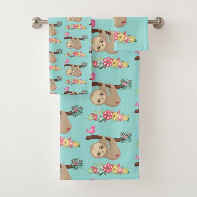 Cute Brown Sloth Hanging Upside down Pattern Bath Towel Set (Insitu)
