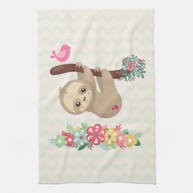 Cute Brown Sloth Hanging Upside down Tea Towel (Vertical)