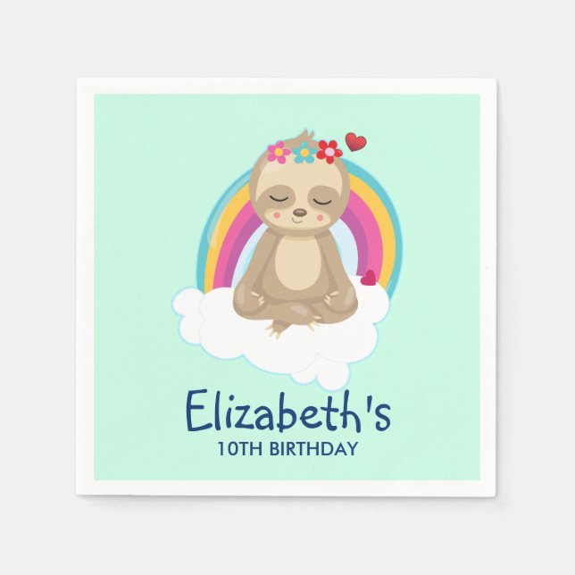 Cute Brown Sloth Meditating on a Cloud Birthday Napkin (Front)