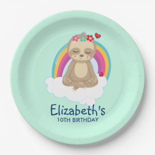 Cute Brown Sloth, Meditating on a Cloud Birthday Paper Plate