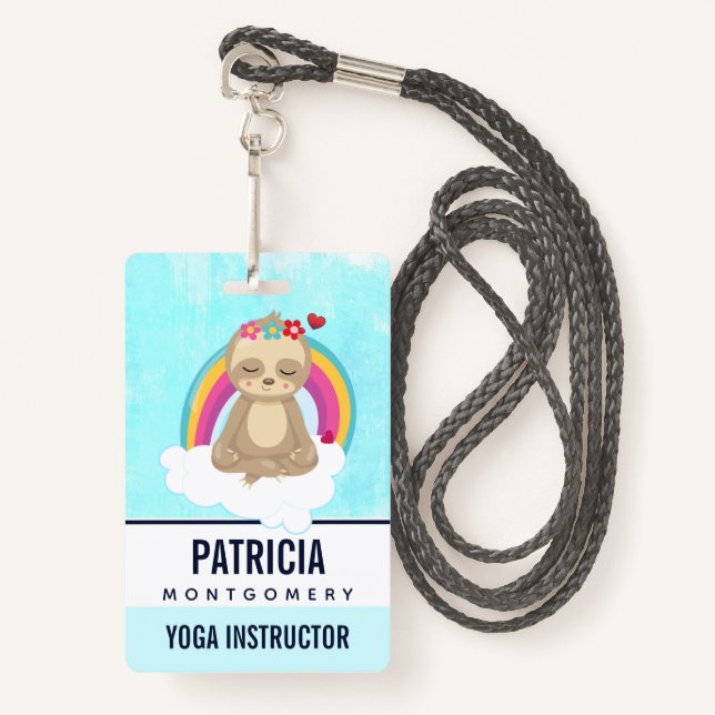 Cute Brown Sloth, Meditating on a Cloud ID Badge (Front with Lanyard)
