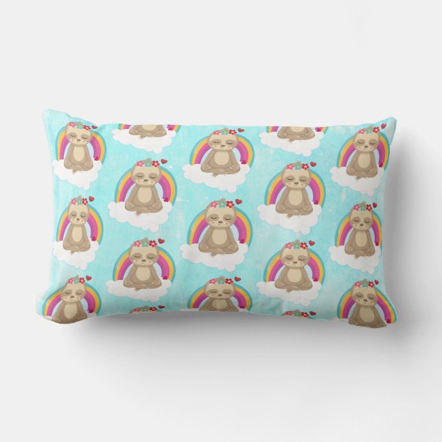 Cute Brown Sloth, Meditating on a Cloud Pattern Lumbar Cushion (Front)