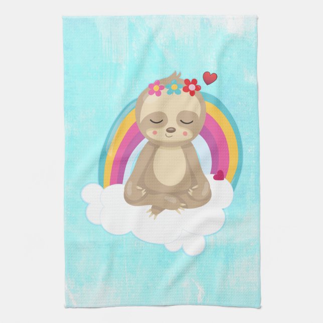 Cute Brown Sloth, Meditating on a Cloud Tea Towel (Vertical)