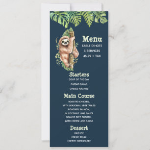 Cute brown Sloth & Tropical Leaves Watercolor Menu Invitation