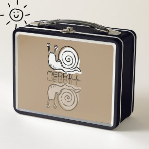 Cute Brown Snail Reflection Doodle Custom Name  Metal Lunch Box