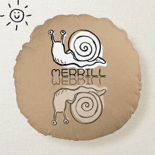 Cute Brown Snail Reflection Doodle Custom Name  Round Cushion