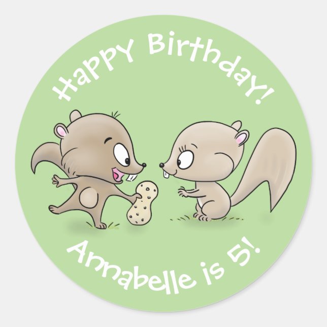 Cute brown squirrels sharing a peanut cartoon classic round sticker (Front)