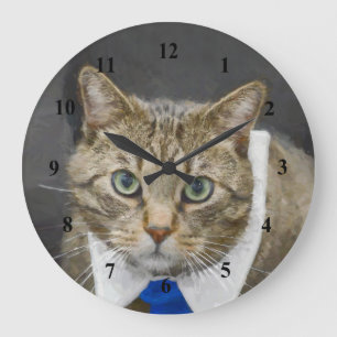 Cute Brown Tabby Cat Green Eyes Blue Tie Large Clock