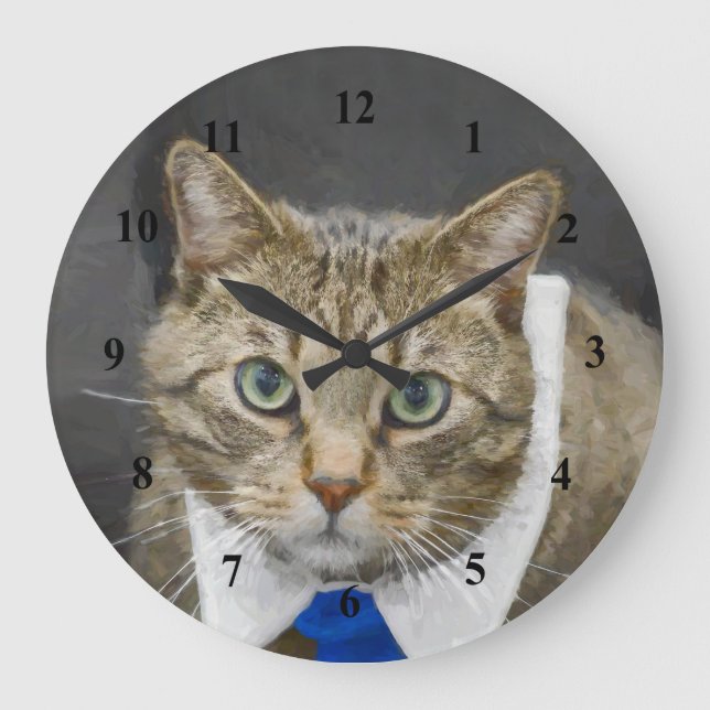 Cute Brown Tabby Cat Green Eyes Blue Tie Large Clock (Front)
