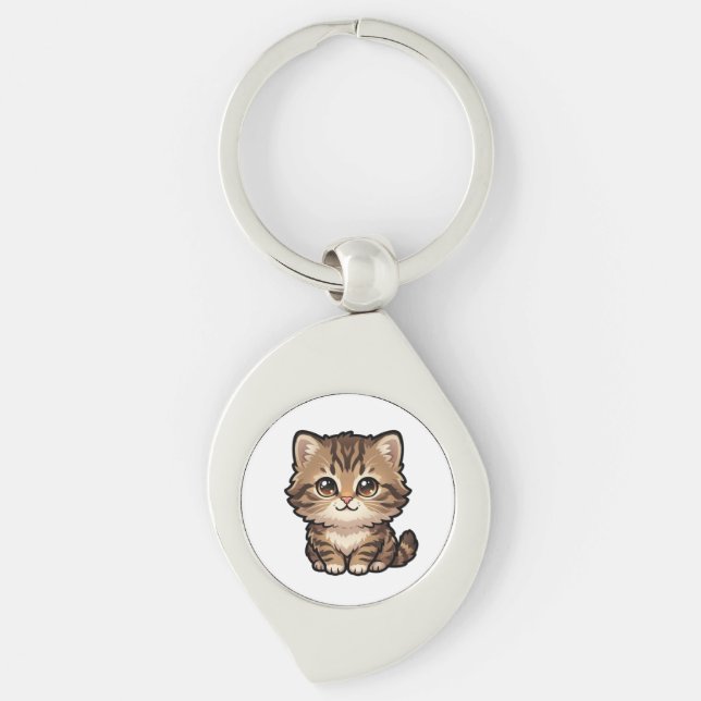 Cute Brown Tabby Kitten Metal Keychain (Front)
