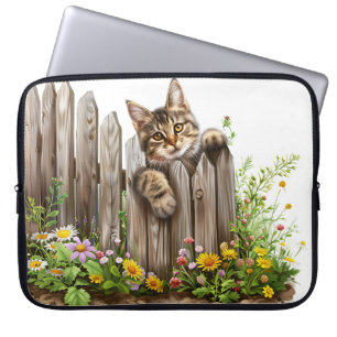 CUTE BROWN TABBY KITTEN PEEKING OVER FENCE LAPTOP SLEEVE