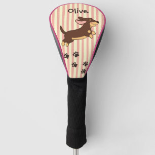 Cute Brown Tan Dachshund Dog Pink Stripes Golf Head Cover