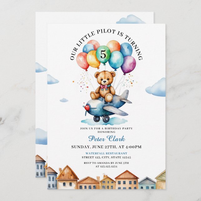 Cute Brown Teddy Bear Aeroplane 5th Birthday Invitation (Front/Back)