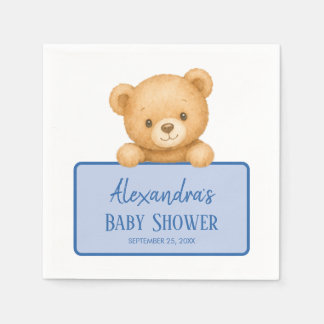 Cute Brown Teddy Bear Blue Baby Boy Shower Napkin