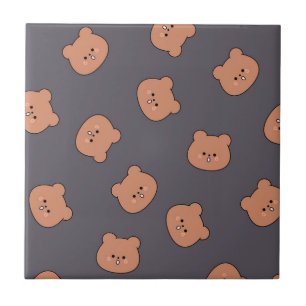 Cute Brown Teddy Bear Face Pattern Dark Blue Ceramic Tile