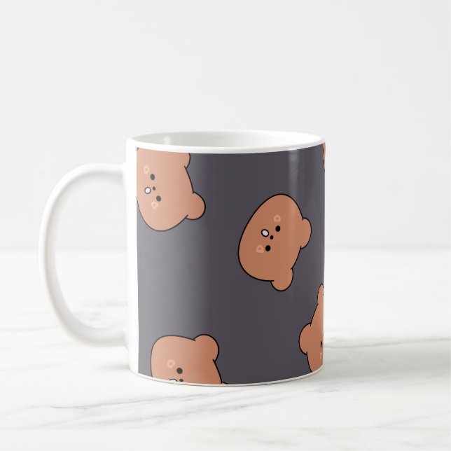Cute Brown Teddy Bear Face Pattern Dark Blue Coffee Mug (Left)