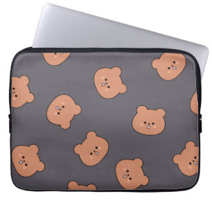 Cute Brown Teddy Bear Face Pattern Dark Blue Laptop Sleeve