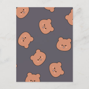 Cute Brown Teddy Bear Face Pattern Dark Blue Postcard