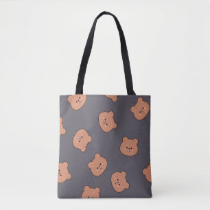 Cute Brown Teddy Bear Face Pattern Dark Blue Tote Bag