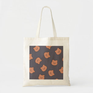 Cute Brown Teddy Bear Face Pattern Dark Blue Tote Bag