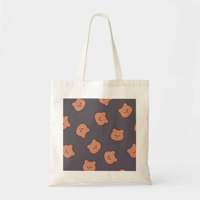 Cute Brown Teddy Bear Face Pattern Dark Blue Tote Bag (Front)