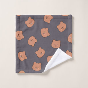 Cute Brown Teddy Bear Face Pattern Dark Blue Wash Cloth