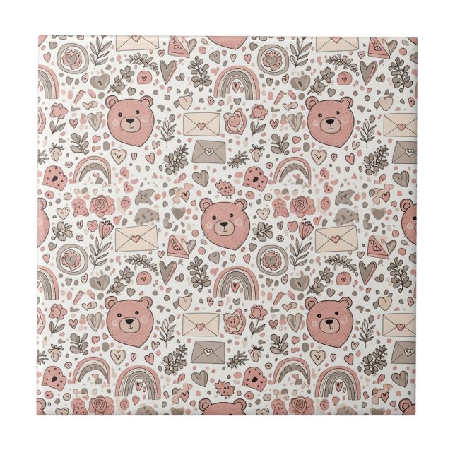 Cute Brown Teddy Bear Rainbow Nursery Ceramic Tile (Front)