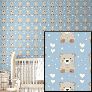 Cute Brown Teddy Bears White Stars & Heart on Blue Wallpaper