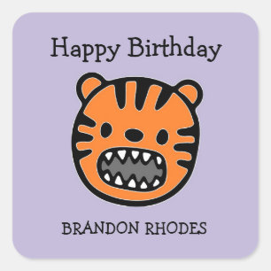Cute brown tiger face purple square sticker