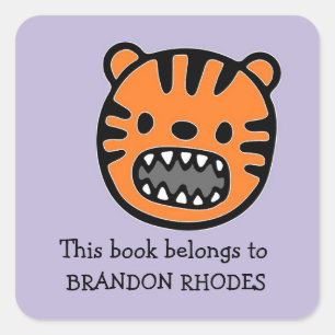 Cute brown tiger face purple square sticker