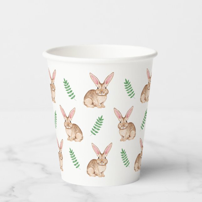 Cute Brown Watercolor Bunny And Greenery Pattern Paper Cups (Front)