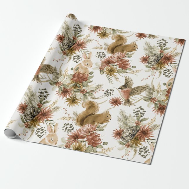 Cute Brown Watercolor Christmas Woodland Animals Wrapping Paper (Unrolled)